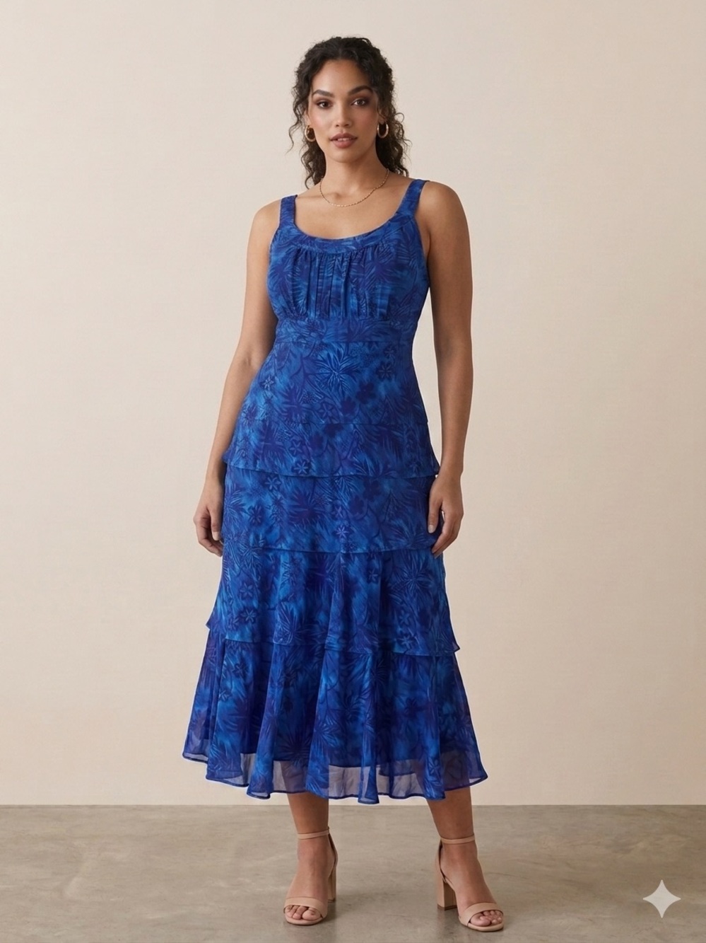 Vintage Jones New York blue Hawaiian print tiered sleeveless maxi dress